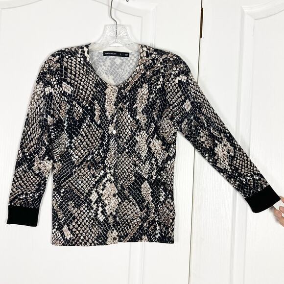 NWOT KAREN MILLEN Cardigan US XS Snakeskin-Print Shiny-Silver-Button-Up Long-Slv - Picture 2 of 10